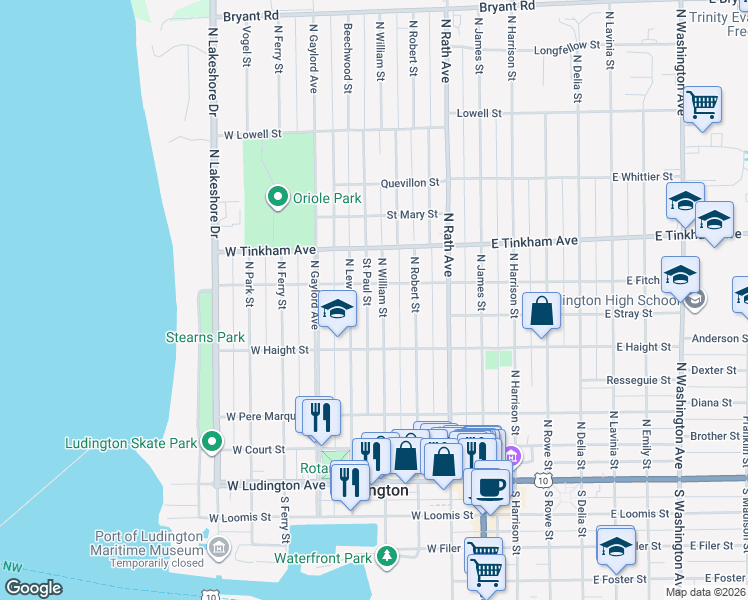 map of restaurants, bars, coffee shops, grocery stores, and more near 423 North William Street in Ludington