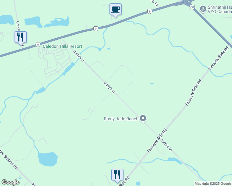 map of restaurants, bars, coffee shops, grocery stores, and more near 18250 Duffy's Lane in Caledon