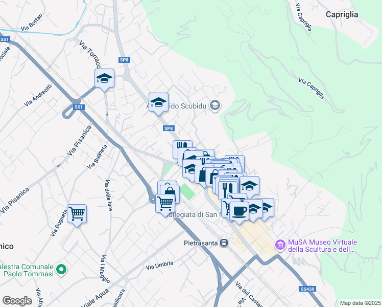 map of restaurants, bars, coffee shops, grocery stores, and more near 12 Via Martinatica in Pietrasanta