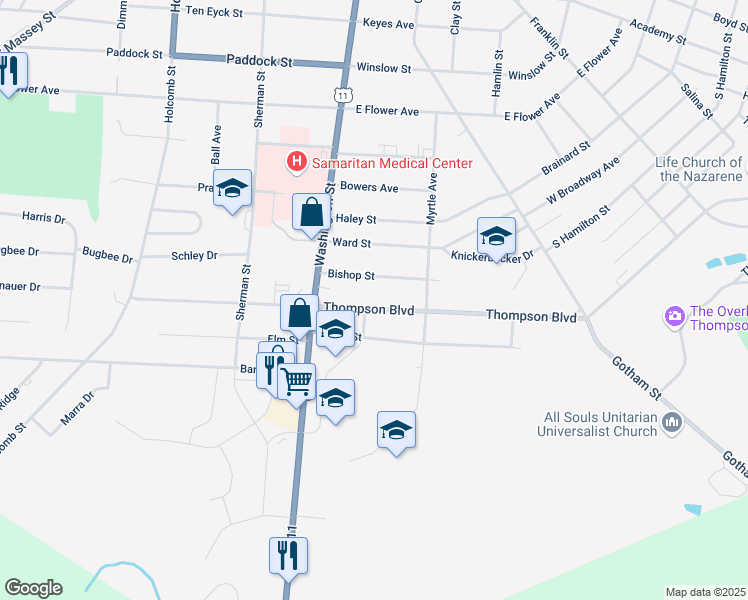 map of restaurants, bars, coffee shops, grocery stores, and more near 153 Thompson Boulevard in Watertown