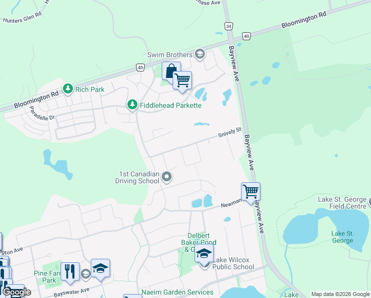 map of restaurants, bars, coffee shops, grocery stores, and more near 135 Snively Street in Richmond Hill