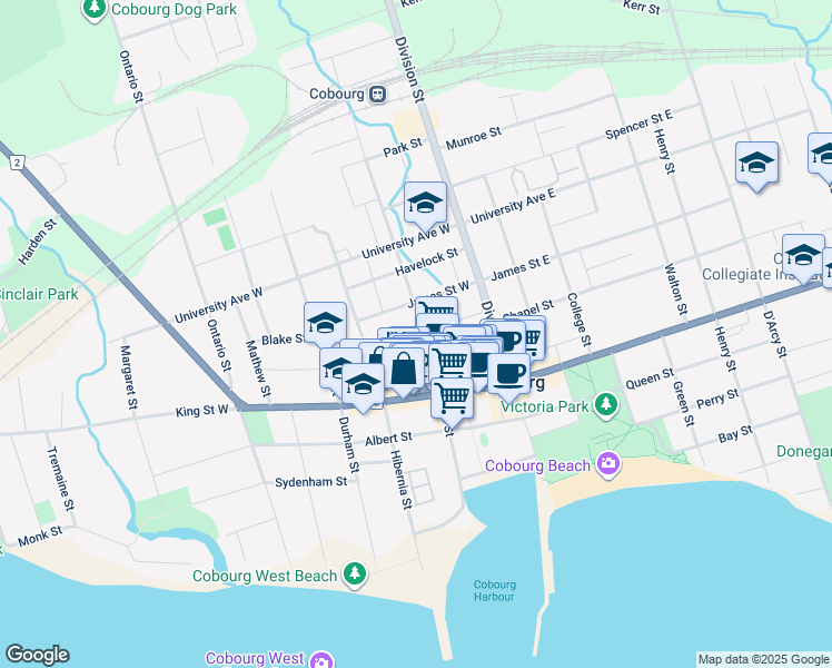 map of restaurants, bars, coffee shops, grocery stores, and more near 305 George Street in Cobourg
