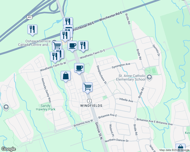 map of restaurants, bars, coffee shops, grocery stores, and more near Hill Rise Court in Oshawa