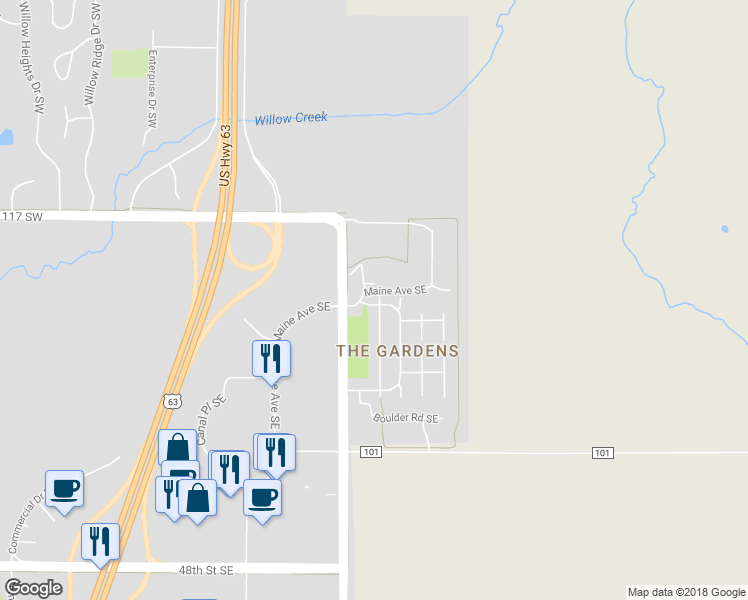 map of restaurants, bars, coffee shops, grocery stores, and more near 4115 Garden Court Southeast in Rochester