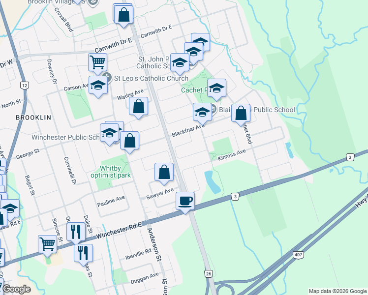 map of restaurants, bars, coffee shops, grocery stores, and more near 70 Wessex Drive in Whitby