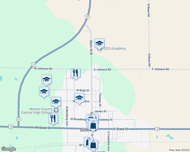map of restaurants, bars, coffee shops, grocery stores, and more near 44 East Johnson Road in Scottville