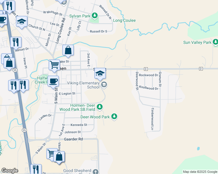 map of restaurants, bars, coffee shops, grocery stores, and more near 500 East Wall Street in Holmen