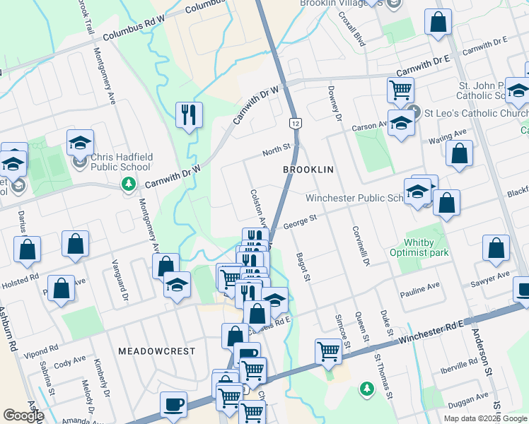map of restaurants, bars, coffee shops, grocery stores, and more near 99 Colston Avenue in Whitby