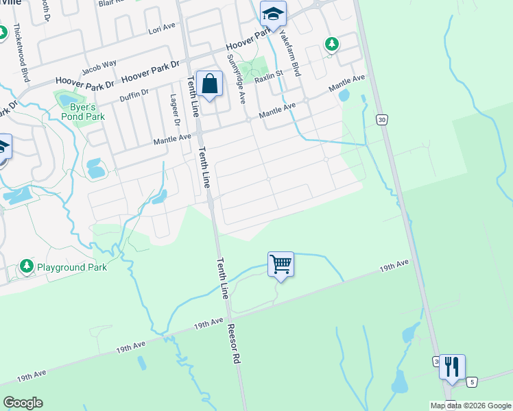 map of restaurants, bars, coffee shops, grocery stores, and more near 57 Markview Road in Whitchurch-Stouffville