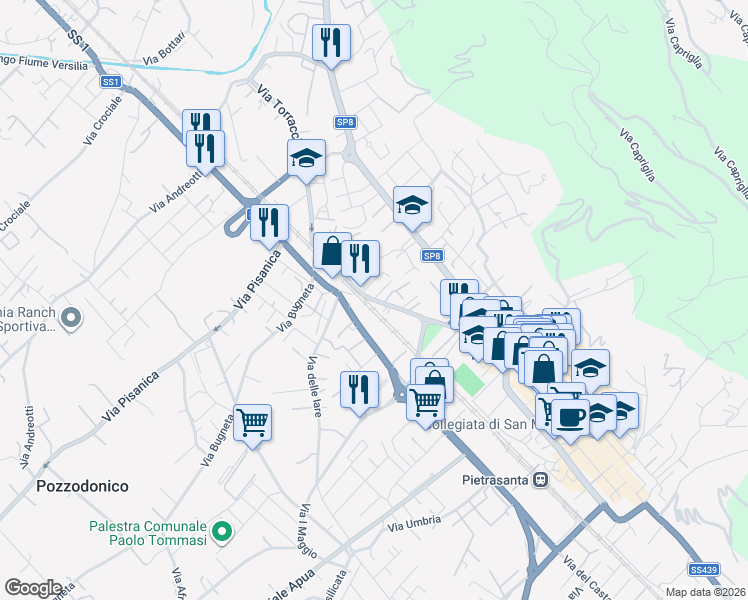 map of restaurants, bars, coffee shops, grocery stores, and more near 190 Via Fossetto in Pietrasanta
