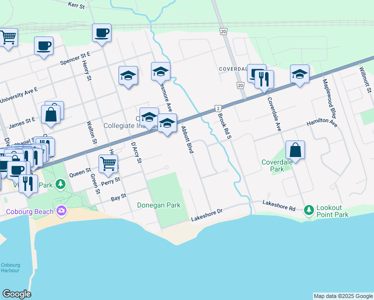 map of restaurants, bars, coffee shops, grocery stores, and more near 161 Abbott Boulevard in Cobourg