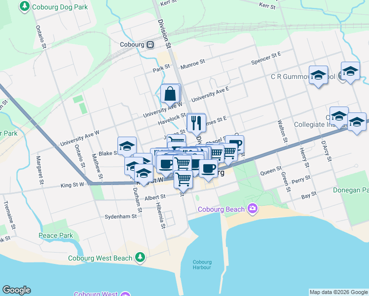 map of restaurants, bars, coffee shops, grocery stores, and more near 27 Buck Street in Cobourg