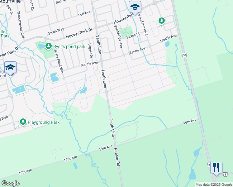 map of restaurants, bars, coffee shops, grocery stores, and more near 11611 Tenth Line in Whitchurch-Stouffville