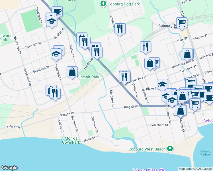 map of restaurants, bars, coffee shops, grocery stores, and more near 461 William Street in Cobourg