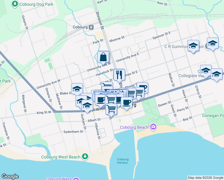 map of restaurants, bars, coffee shops, grocery stores, and more near 27 Buck Street in Cobourg