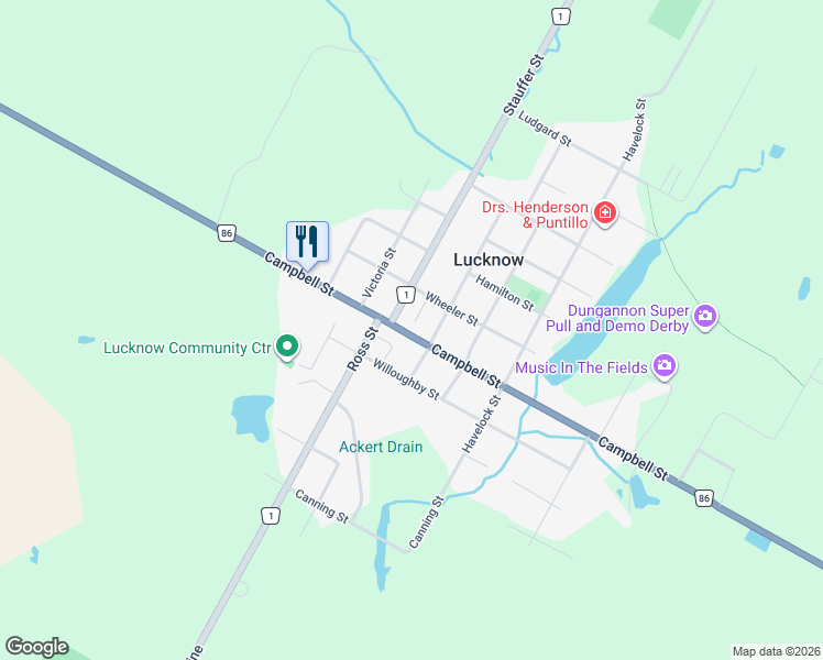 map of restaurants, bars, coffee shops, grocery stores, and more near 605 Huron County Road 86 in Lucknow
