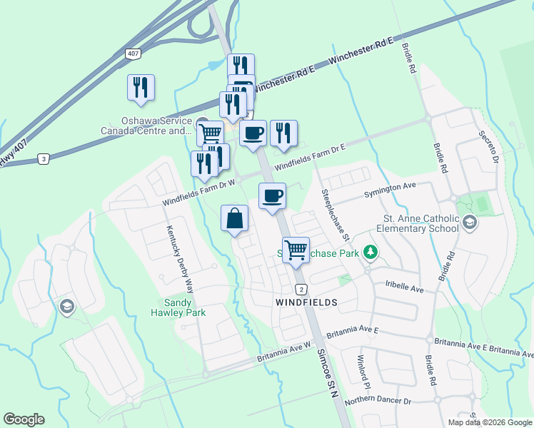 map of restaurants, bars, coffee shops, grocery stores, and more near 2550 Simcoe Street North in Oshawa