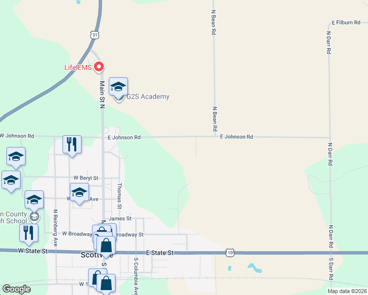 map of restaurants, bars, coffee shops, grocery stores, and more near 305 East Johnson Road in Scottville