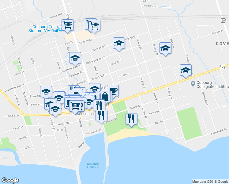 map of restaurants, bars, coffee shops, grocery stores, and more near in Cobourg