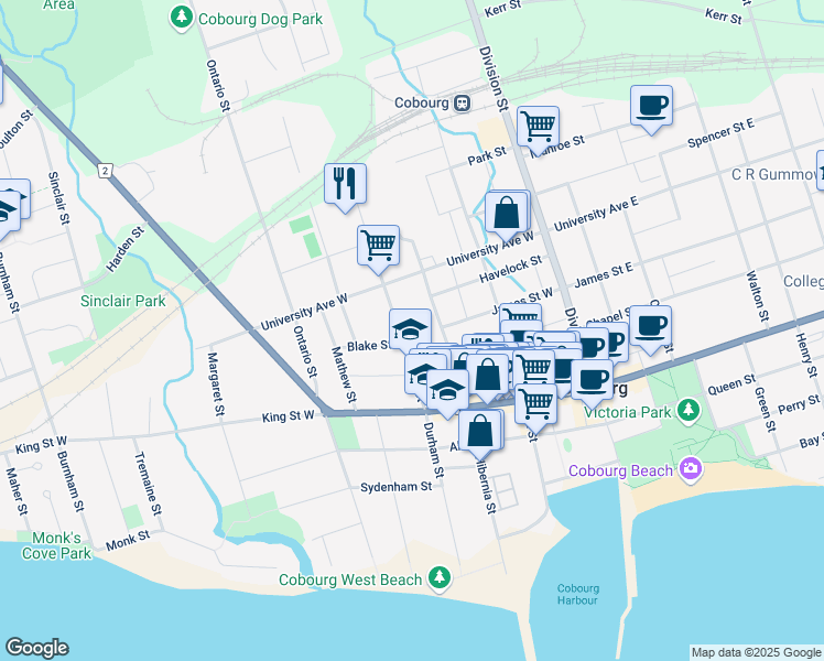 map of restaurants, bars, coffee shops, grocery stores, and more near in Cobourg