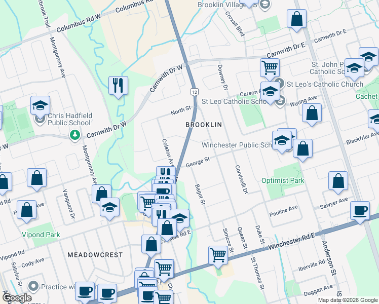 map of restaurants, bars, coffee shops, grocery stores, and more near 131 Baldwin Street in Whitby