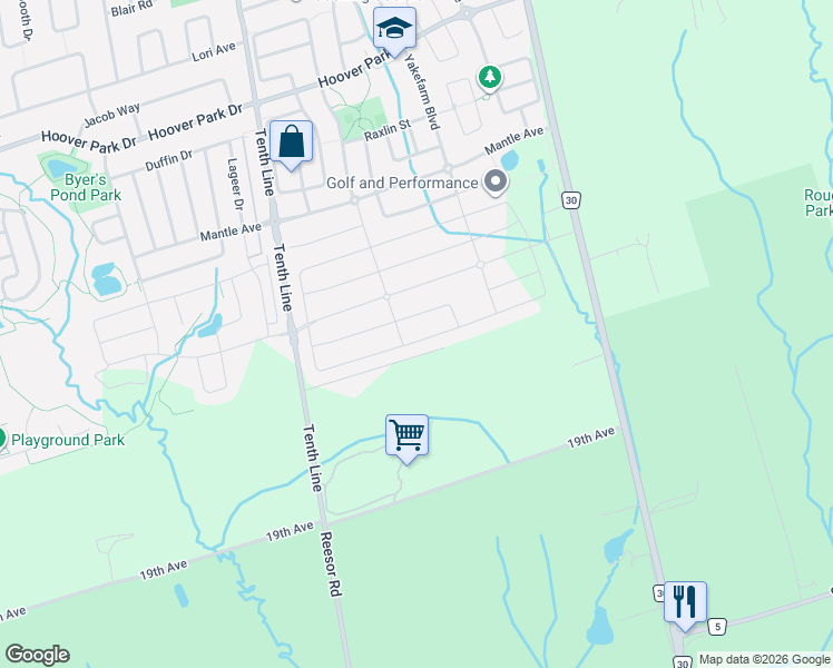 map of restaurants, bars, coffee shops, grocery stores, and more near 197 Boundary Boulevard in Markham