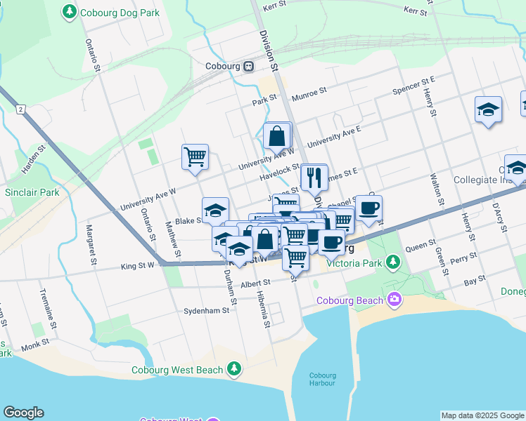 map of restaurants, bars, coffee shops, grocery stores, and more near 323 George Street in Cobourg