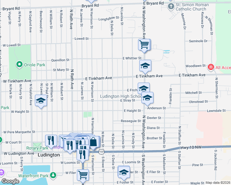 map of restaurants, bars, coffee shops, grocery stores, and more near 612 North Delia Street in Ludington