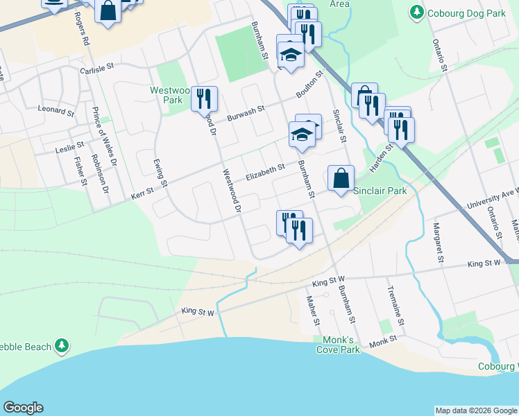 map of restaurants, bars, coffee shops, grocery stores, and more near Sandmere Crescent in Cobourg