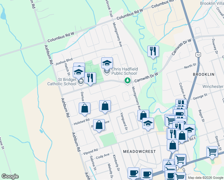 map of restaurants, bars, coffee shops, grocery stores, and more near 15 Jordan Court in Whitby