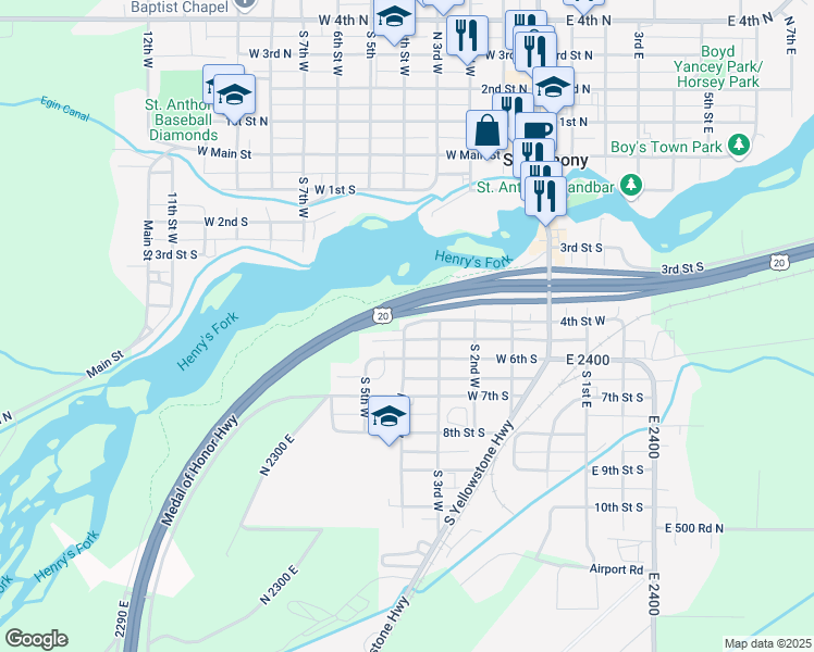map of restaurants, bars, coffee shops, grocery stores, and more near West 5th South in Saint Anthony