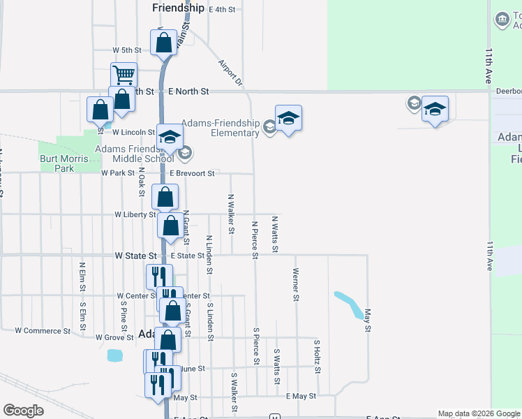map of restaurants, bars, coffee shops, grocery stores, and more near 578 East Liberty Street in Adams