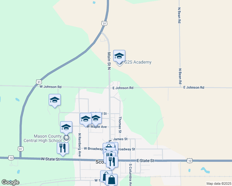 map of restaurants, bars, coffee shops, grocery stores, and more near 44 East Johnson Road in Scottville