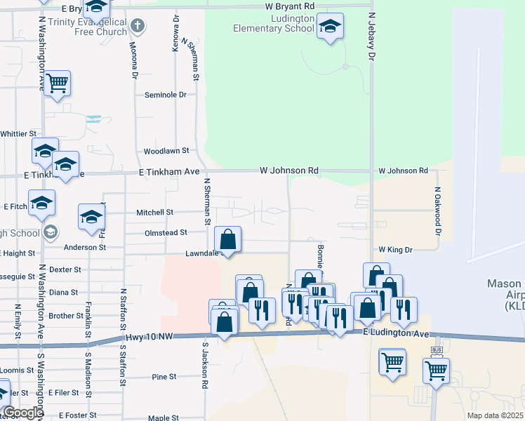map of restaurants, bars, coffee shops, grocery stores, and more near 800 North Nelson Road in Ludington