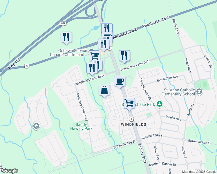 map of restaurants, bars, coffee shops, grocery stores, and more near 97 Aquatic Ballet Path in Oshawa
