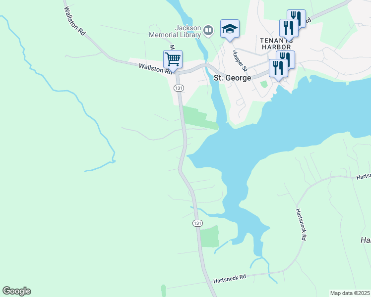 map of restaurants, bars, coffee shops, grocery stores, and more near 68 Port Clyde Road in Saint George