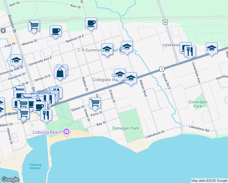 map of restaurants, bars, coffee shops, grocery stores, and more near 182 D'Arcy Street in Cobourg