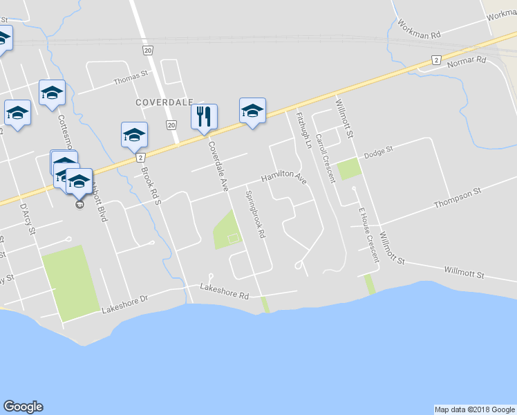 map of restaurants, bars, coffee shops, grocery stores, and more near 44 Springbrook Road in Cobourg