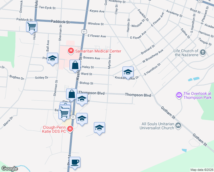map of restaurants, bars, coffee shops, grocery stores, and more near 187 Bishop Street in Watertown
