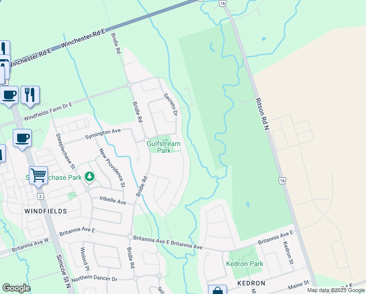 map of restaurants, bars, coffee shops, grocery stores, and more near 2449 Secreto Drive in Oshawa