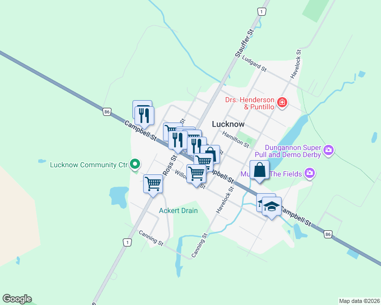 map of restaurants, bars, coffee shops, grocery stores, and more near 605 Huron County Road 86 in Lucknow