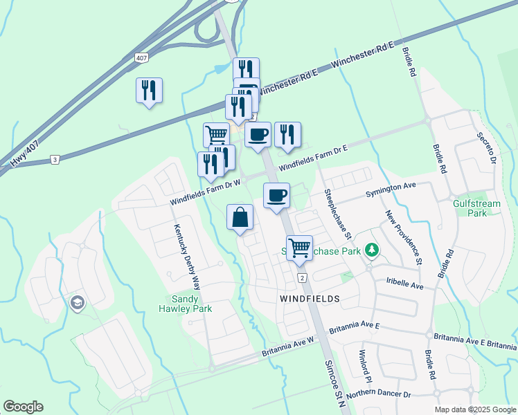 map of restaurants, bars, coffee shops, grocery stores, and more near 2550 Simcoe Street North in Oshawa