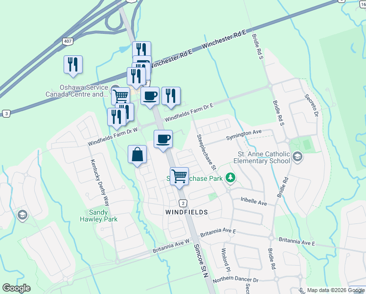 map of restaurants, bars, coffee shops, grocery stores, and more near 28 Alpine Symphony Path in Oshawa