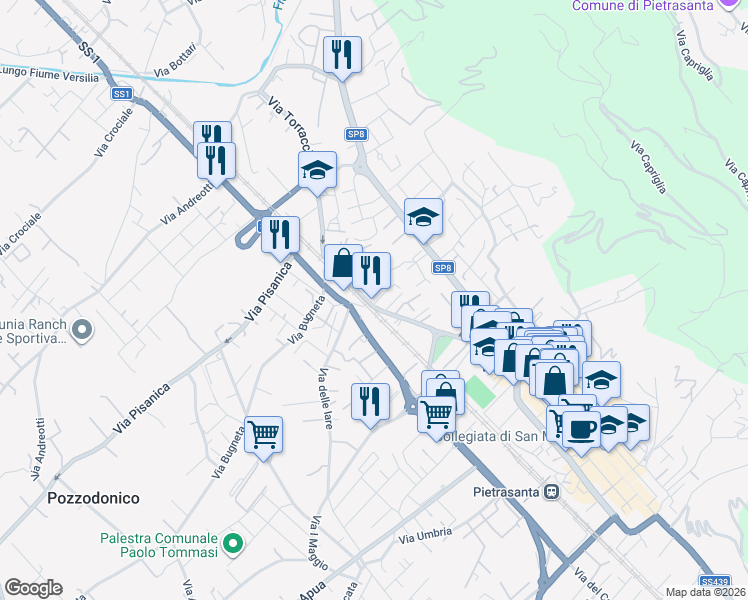map of restaurants, bars, coffee shops, grocery stores, and more near 190 Via Fossetto in Pietrasanta