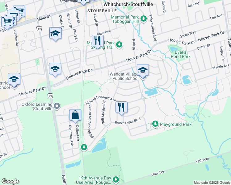 map of restaurants, bars, coffee shops, grocery stores, and more near Ken Laushway Avenue in Whitchurch-Stouffville