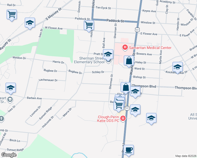 map of restaurants, bars, coffee shops, grocery stores, and more near 231 Schley Drive in Watertown