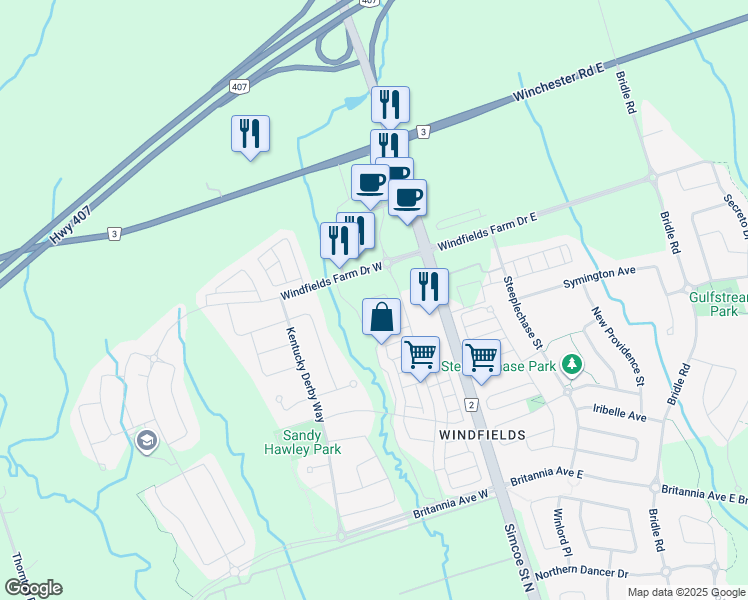 map of restaurants, bars, coffee shops, grocery stores, and more near 97 Aquatic Ballet Path in Oshawa