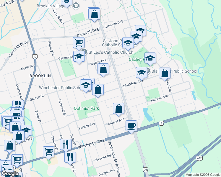 map of restaurants, bars, coffee shops, grocery stores, and more near 28 Blackfriar Avenue in Whitby