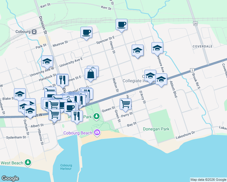 map of restaurants, bars, coffee shops, grocery stores, and more near 160 King Street East in Cobourg
