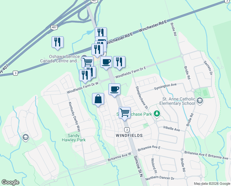map of restaurants, bars, coffee shops, grocery stores, and more near 2425 Simcoe Street North in Oshawa